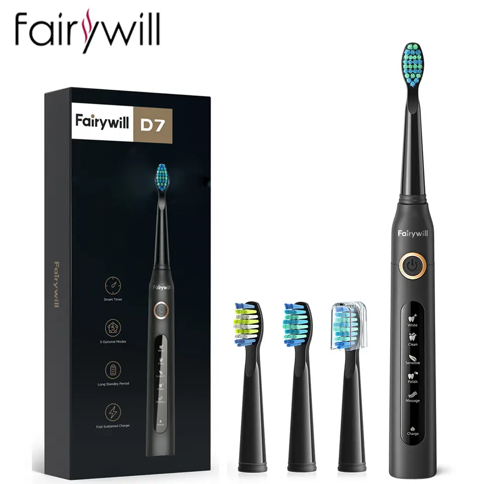 Fairywill escova de dentes elétrica sônica carga usb FW-507 recarregável à prova dwaterproof água escovas de dentes eletrônicas cabeças substituição adulto